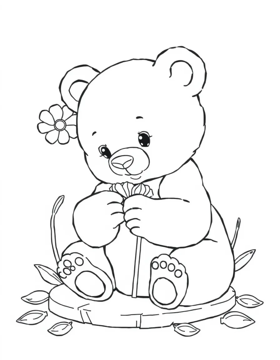 baby bear artist sculpting with flower petals coloring page