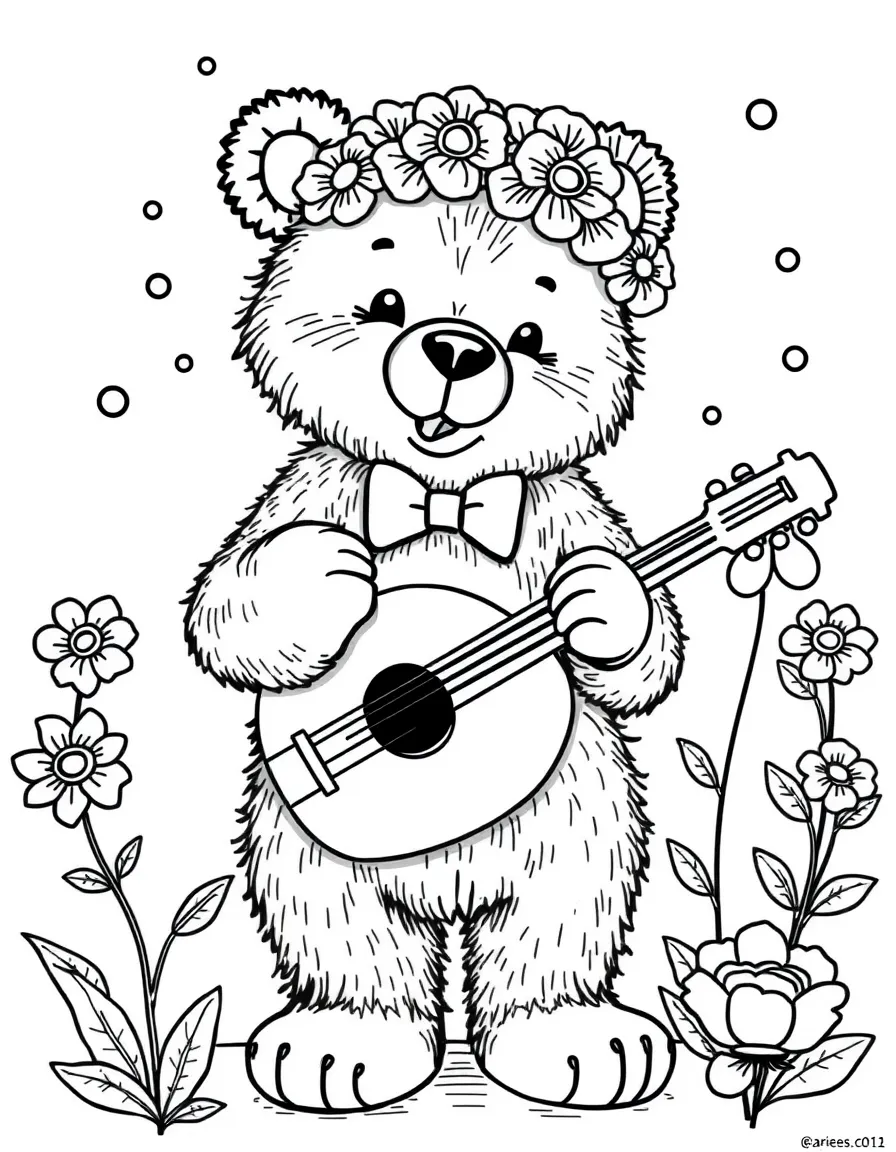 adorable bear musician conducting flower orchestra coloring page