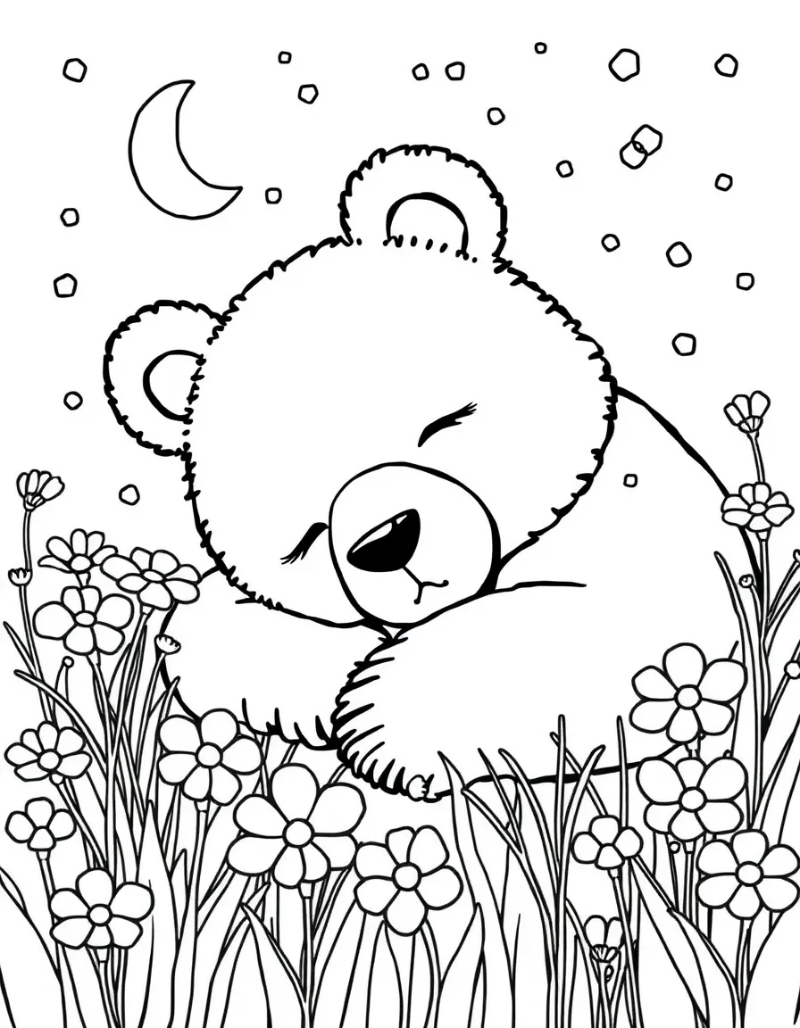 sleepy bear dreaming of flower meadows coloring page