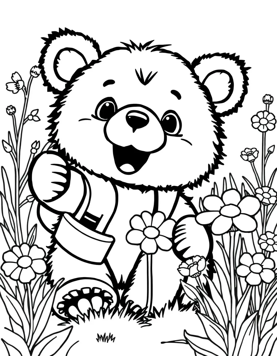 playful bear cub explorer discovering rare flowers coloring page
