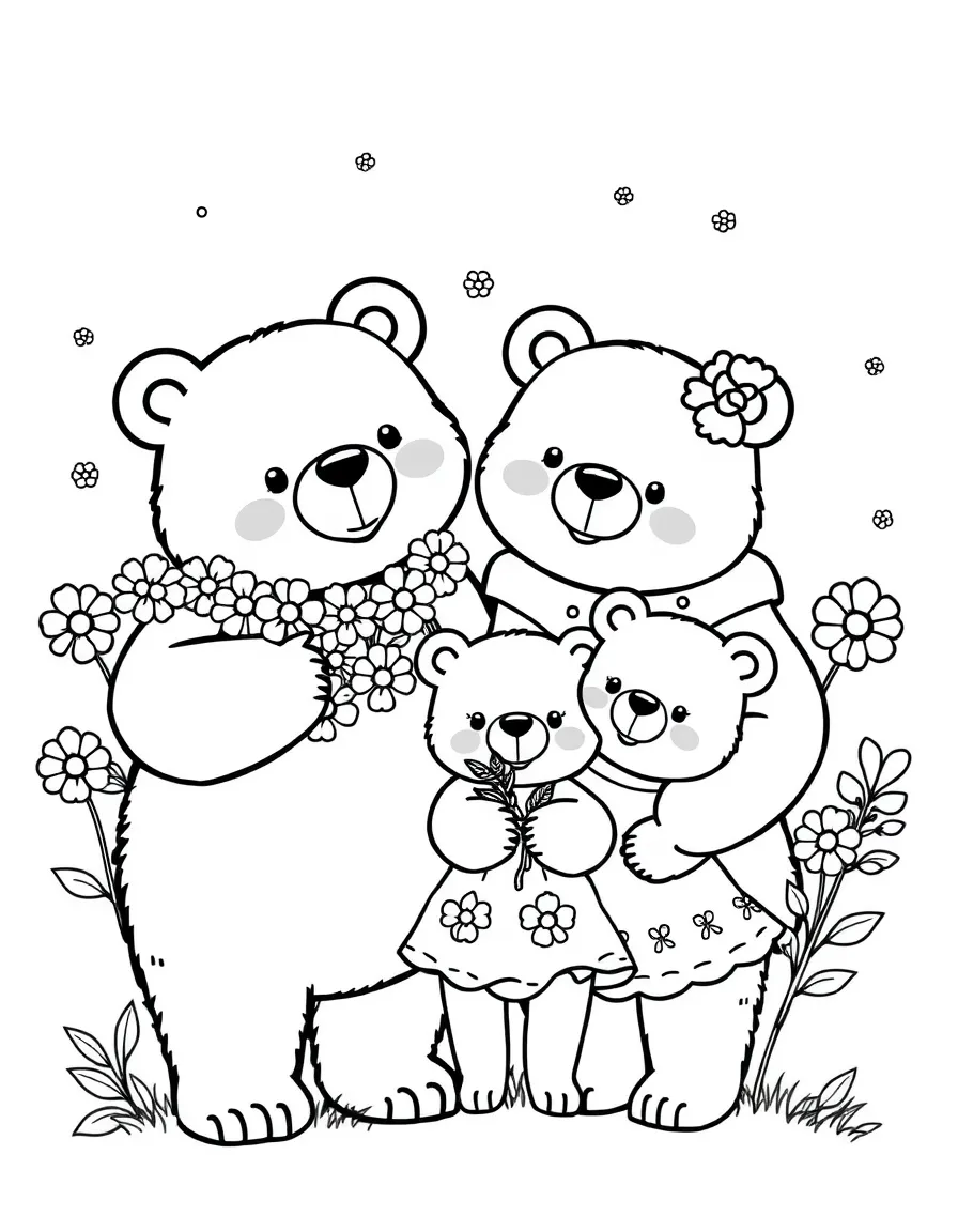 cute bear family celebrating with flower decorations coloring page