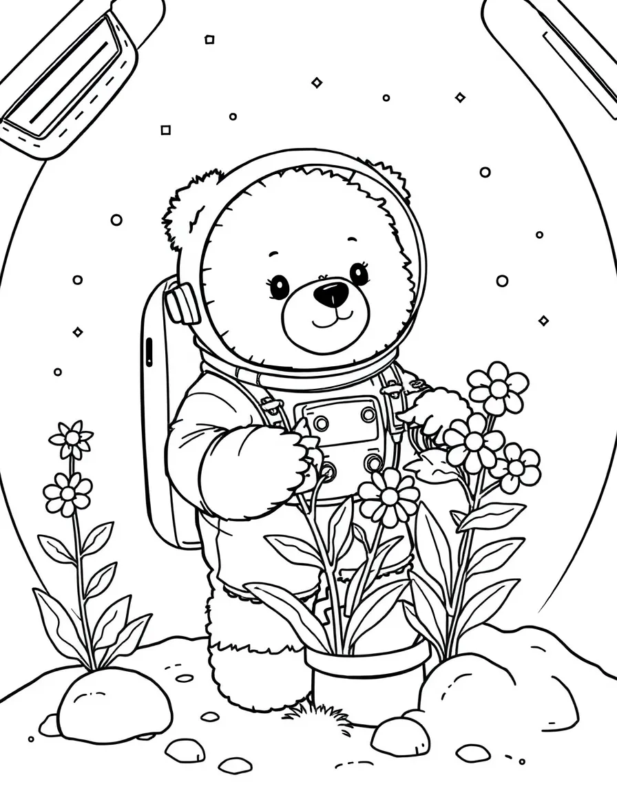 fluffy bear astronaut growing flowers in space station coloring page