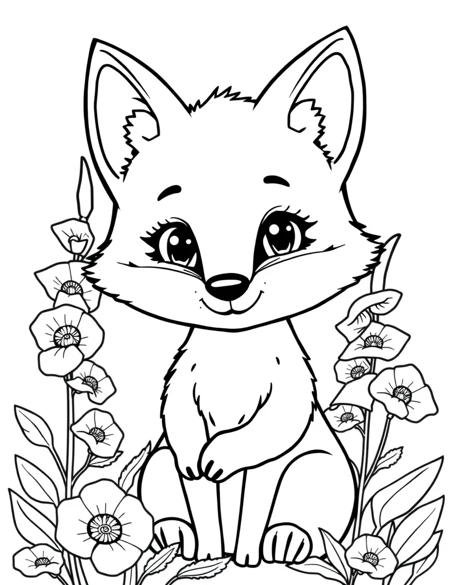 adorable cartoon fox kit with foxglove flowers coloring page