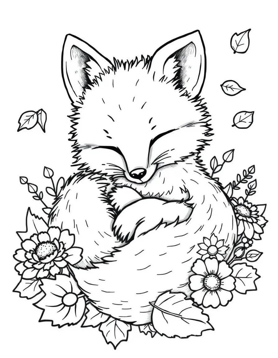 fluffy fox curled up in autumn leaves and mums coloring page