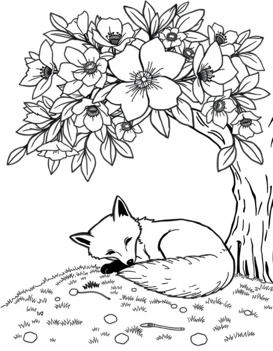 sleepy fox napping under flowering dogwood tree coloring page