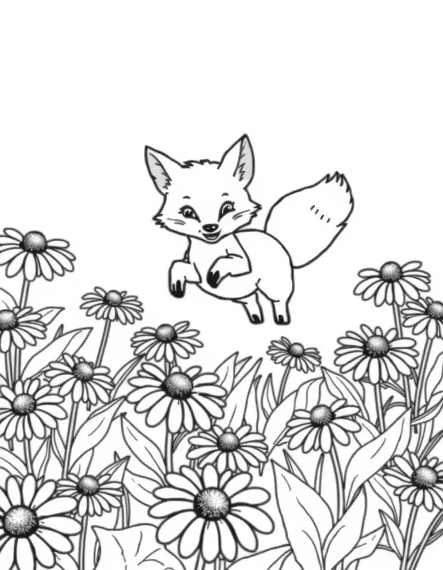playful fox jumping through field of black-eyed Susans coloring page