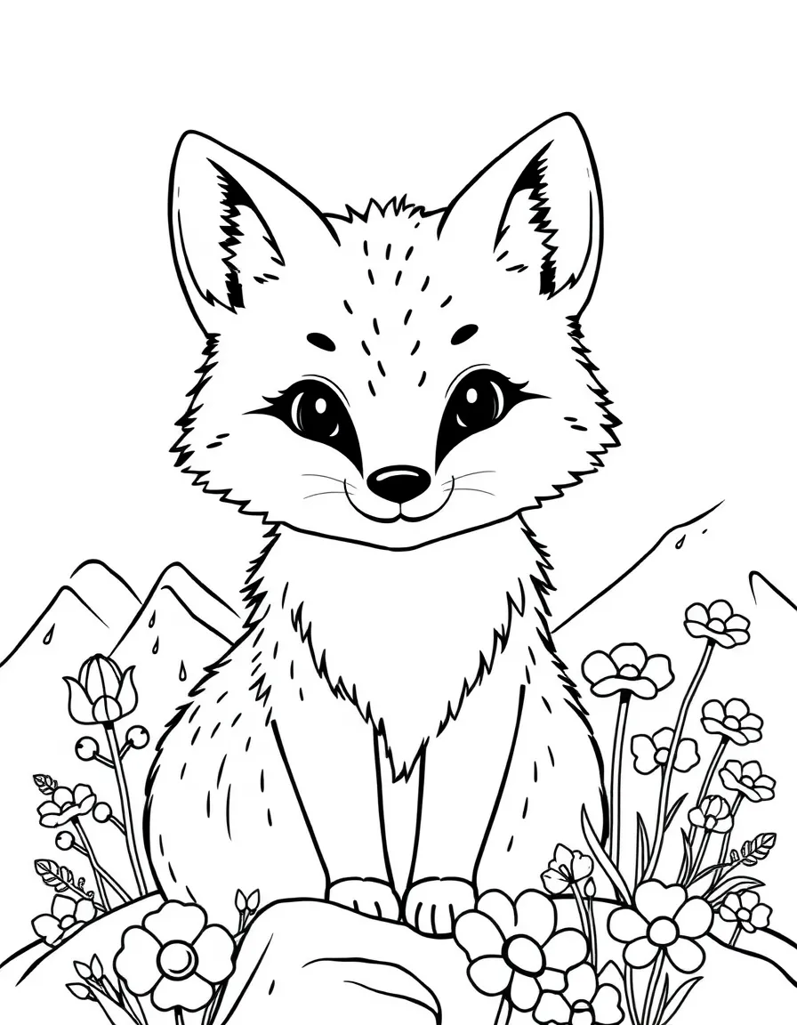 adorable arctic fox with mountain flowers coloring page