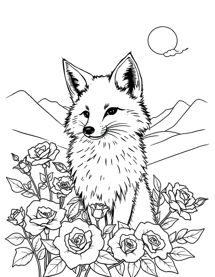 fluffy fox artist painting landscape with wild roses coloring page