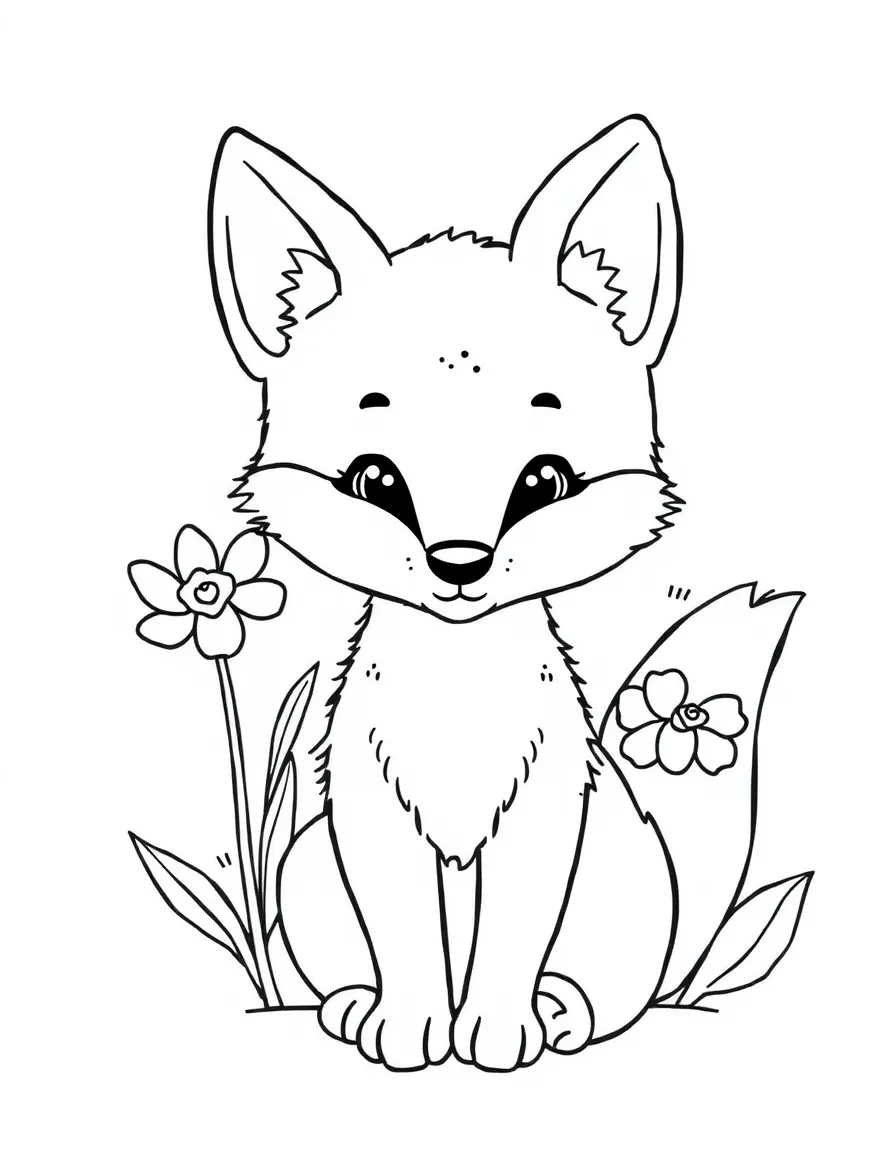baby fox student learning about flower parts coloring page
