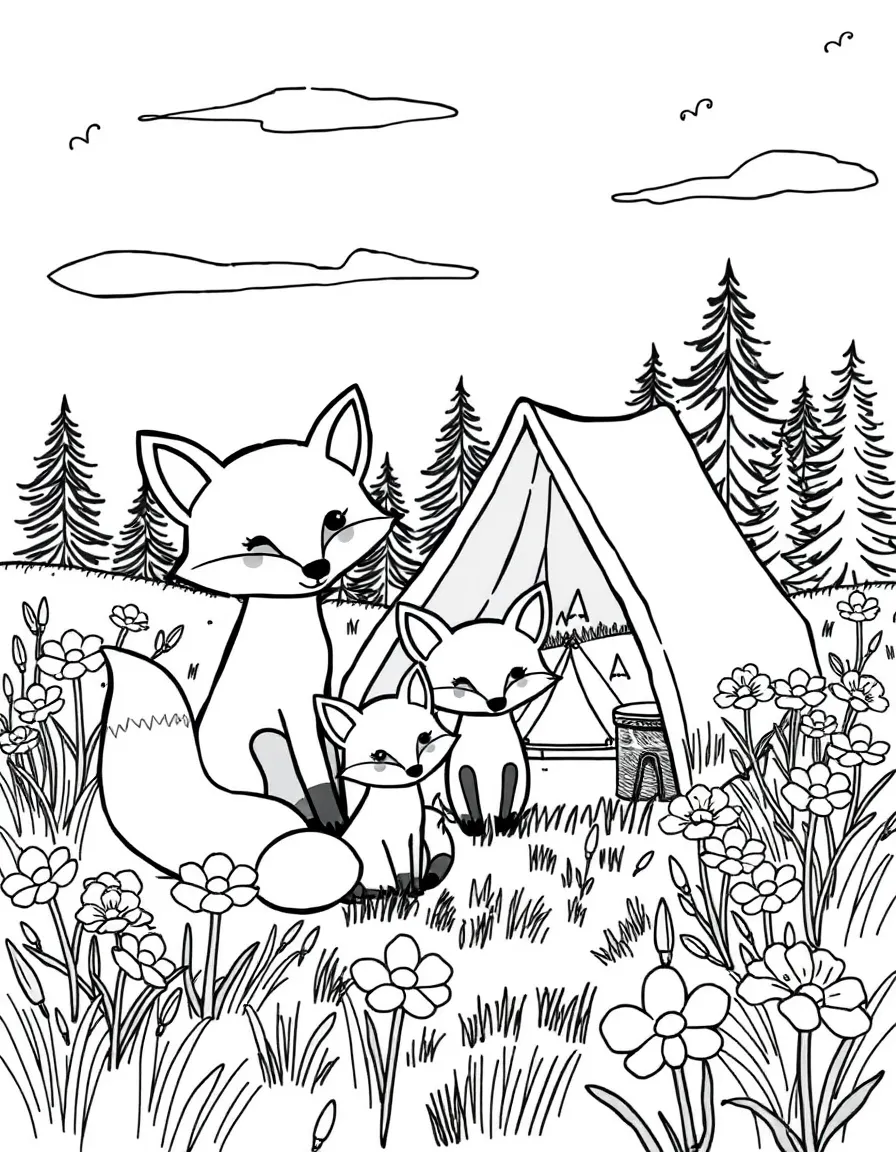 cute fox family camping in field of evening primrose coloring page