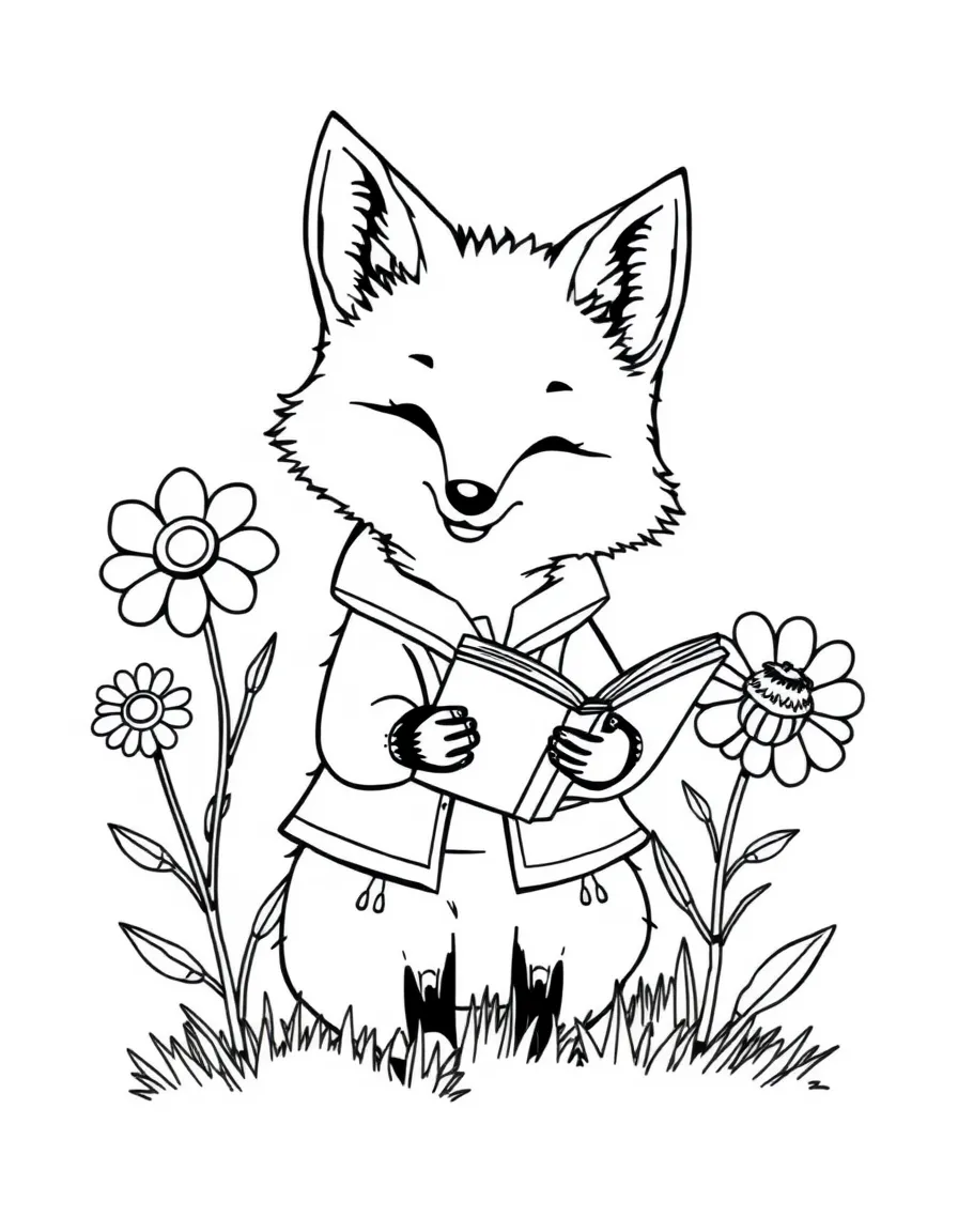 fluffy fox librarian organizing flower field guides coloring page