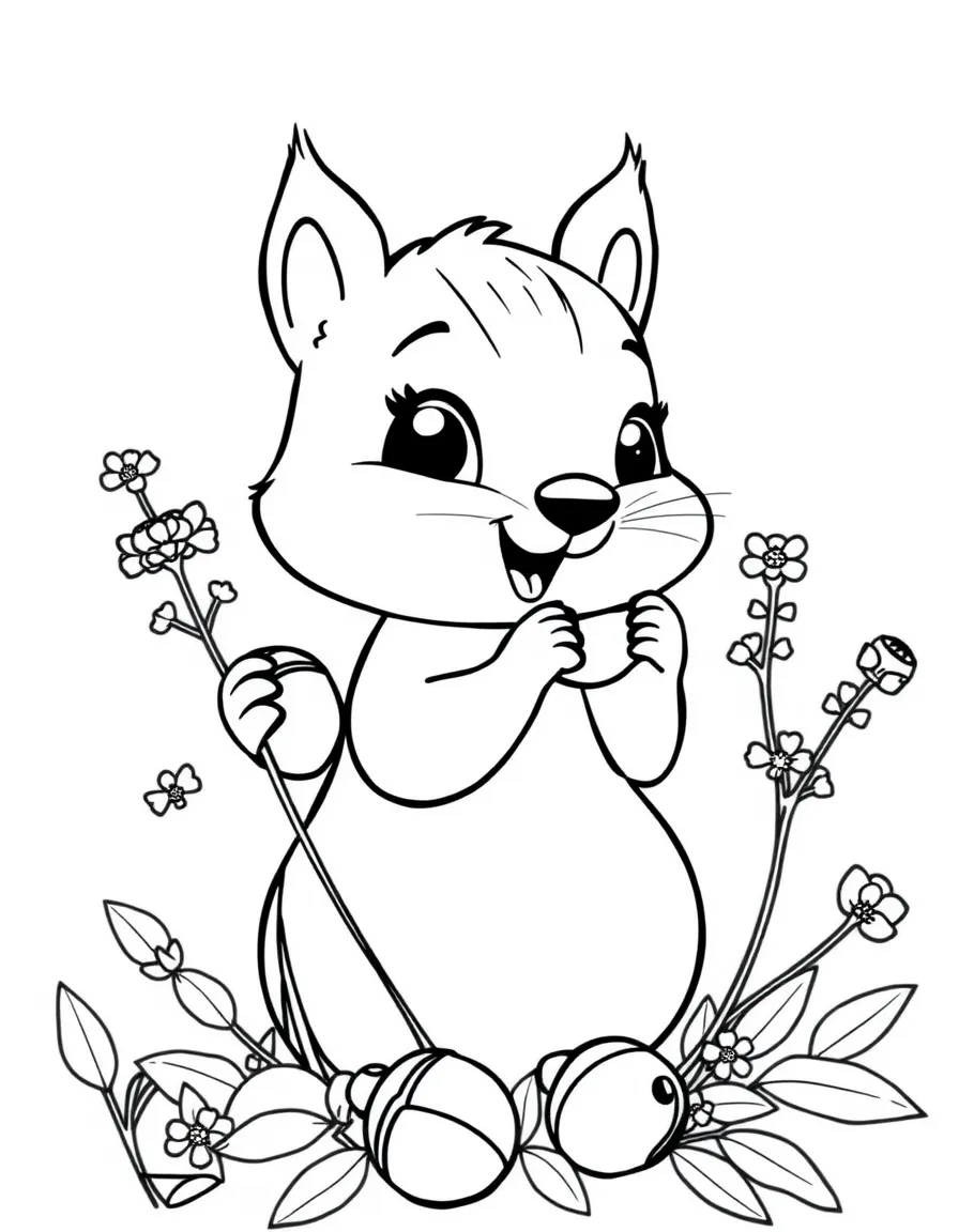 adorable cartoon squirrel with acorns and asters coloring page