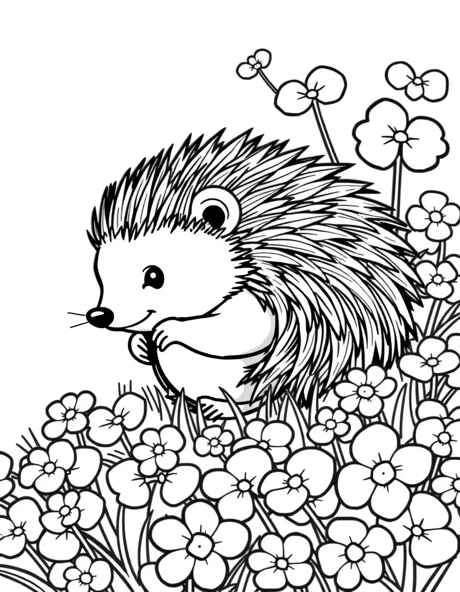 cute hedgehog rolling in patch of clover flowers coloring page