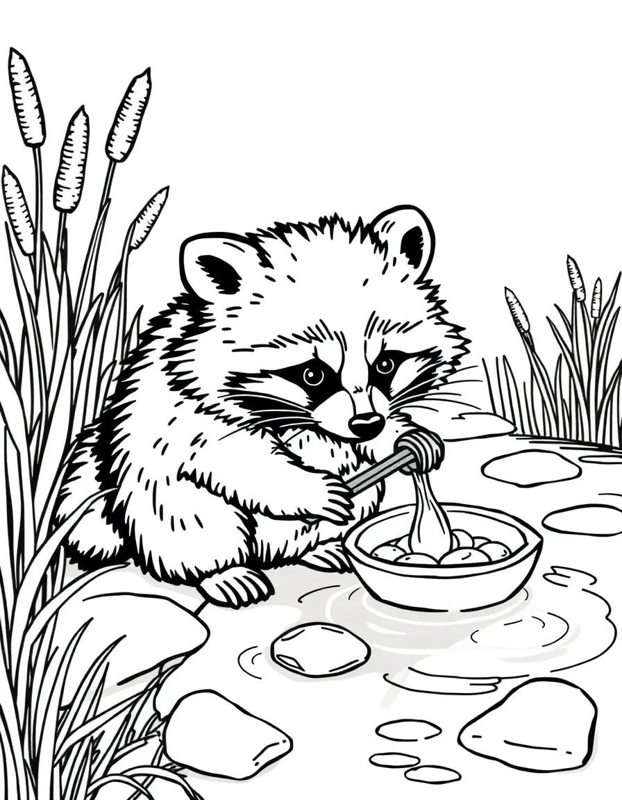 fluffy raccoon washing food near stream with cattails coloring page