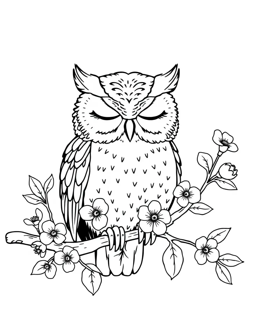 sleepy owl perched on branch with apple blossoms coloring page