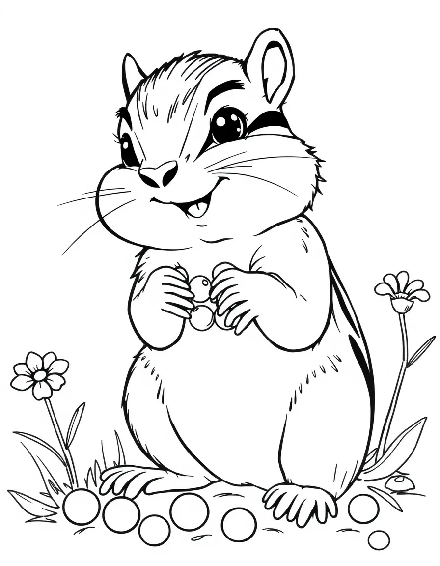 playful chipmunk stuffing cheeks with flower seeds coloring page