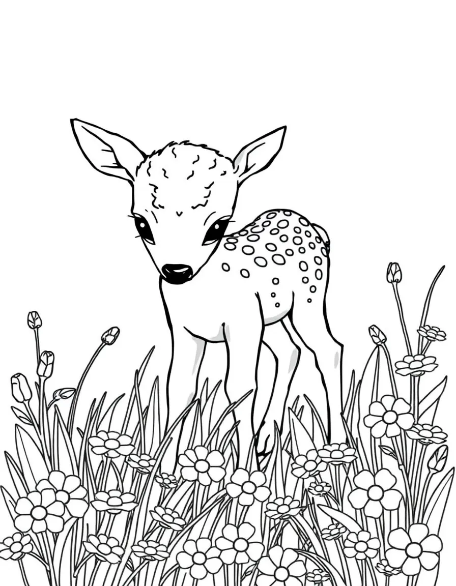 adorable deer fawn grazing in meadow of Queen Anne's lace coloring page