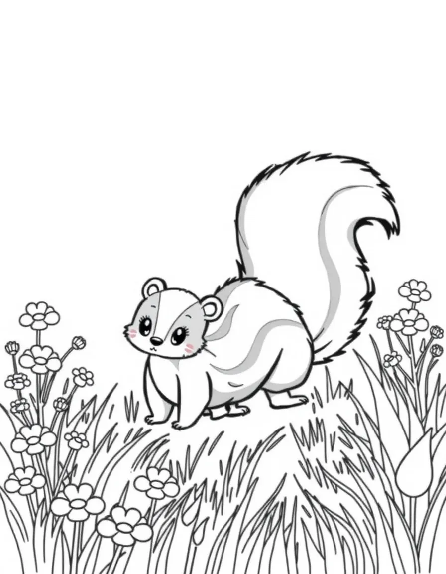 cute skunk family walking through field of goldenrod coloring page