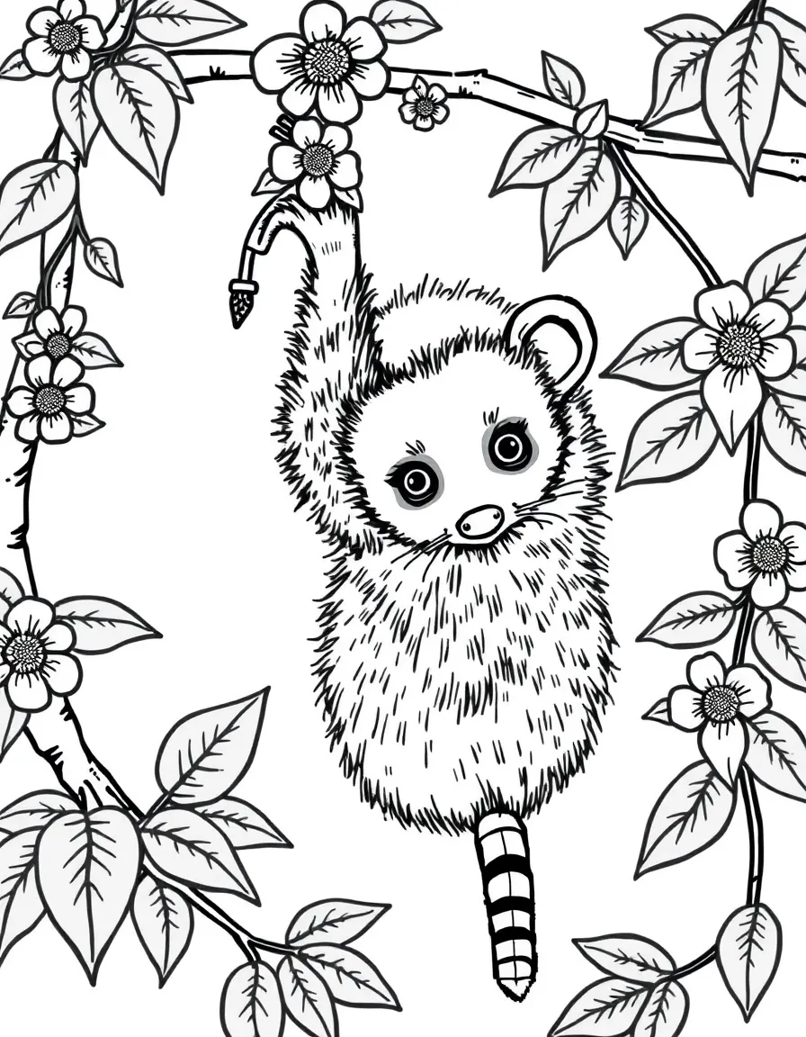 fluffy opossum hanging upside down from flowering vine coloring page