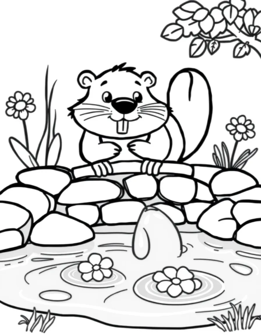 cartoon beaver building dam decorated with water flowers coloring page
