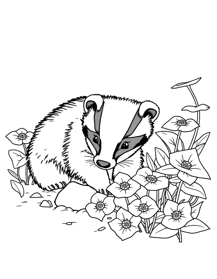 baby badger digging near patch of trilliums coloring page