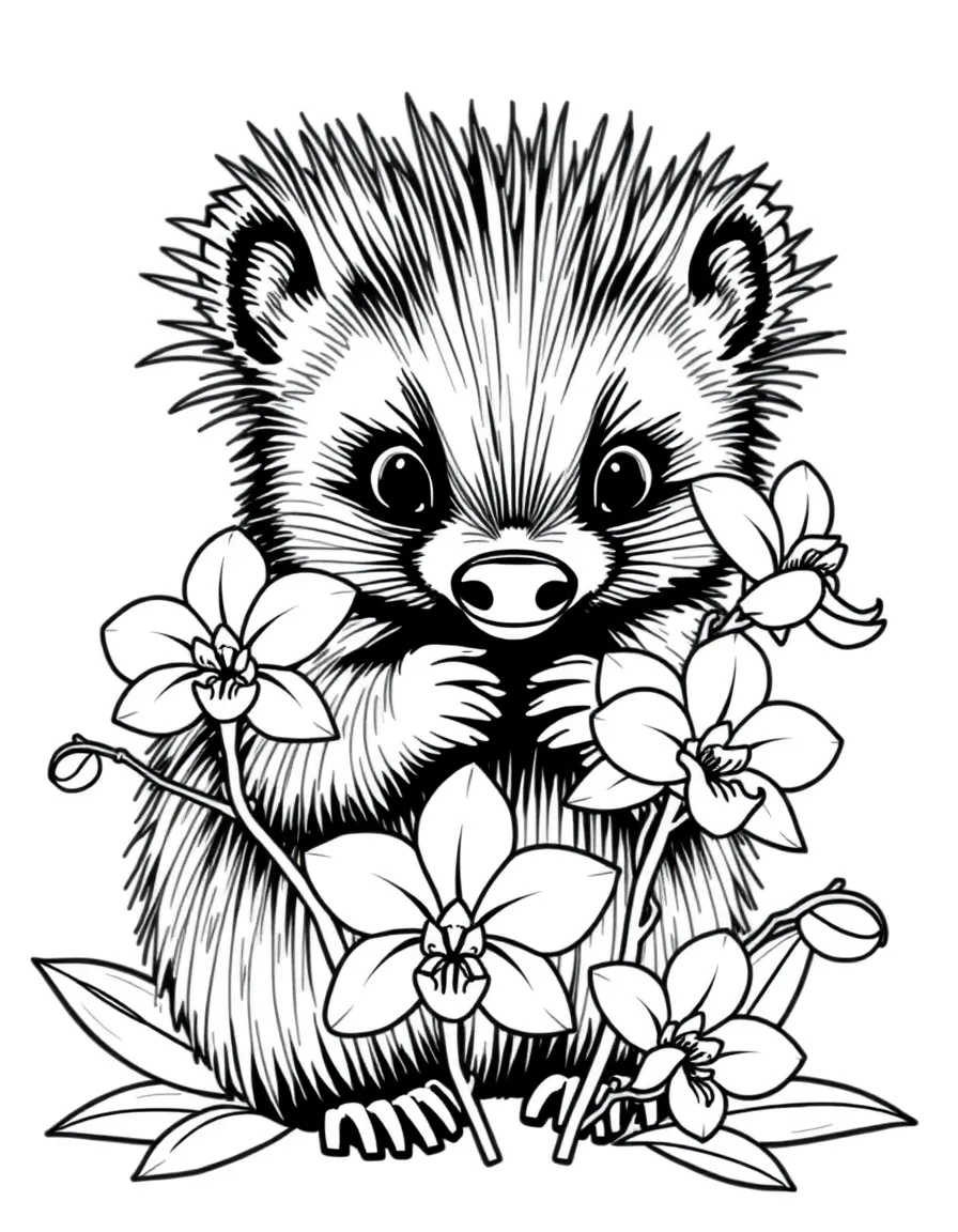 adorable porcupine carefully smelling delicate orchids coloring page