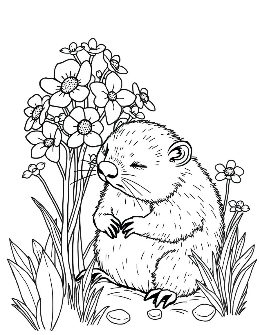 sleepy mole emerging near cluster of spring beauties coloring page