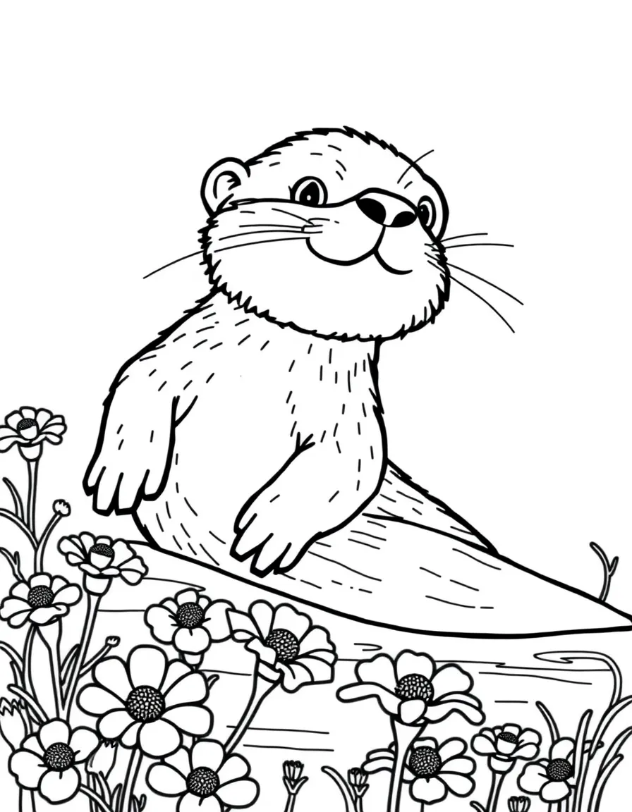 playful otter sliding through marsh marigolds coloring page