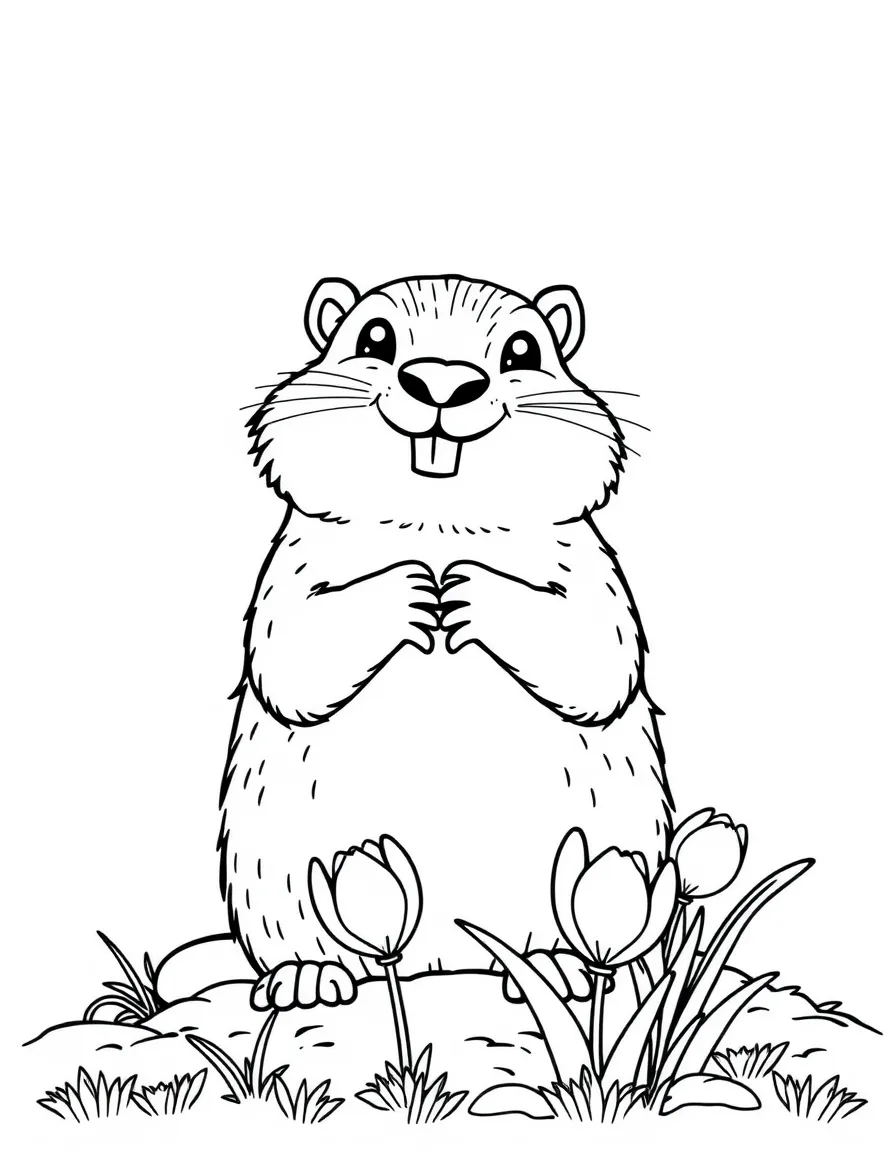 cute woodchuck groundhog predicting spring with crocuses coloring page