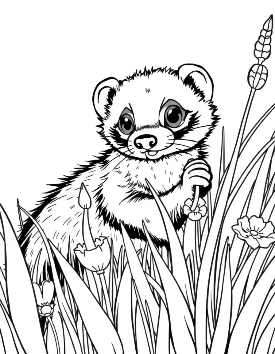 fluffy ferret playing hide and seek in tall flower grass coloring page