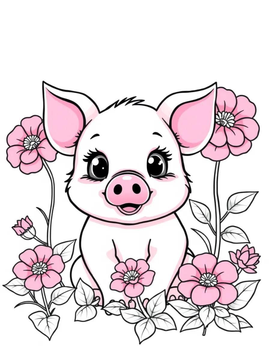 adorable cartoon piglet with pink geraniums coloring page