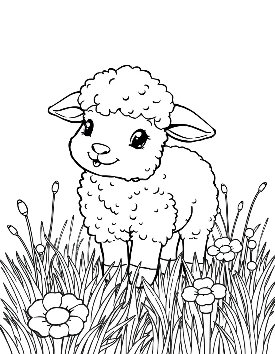 fluffy lamb frolicking in field of shepherd's purse coloring page