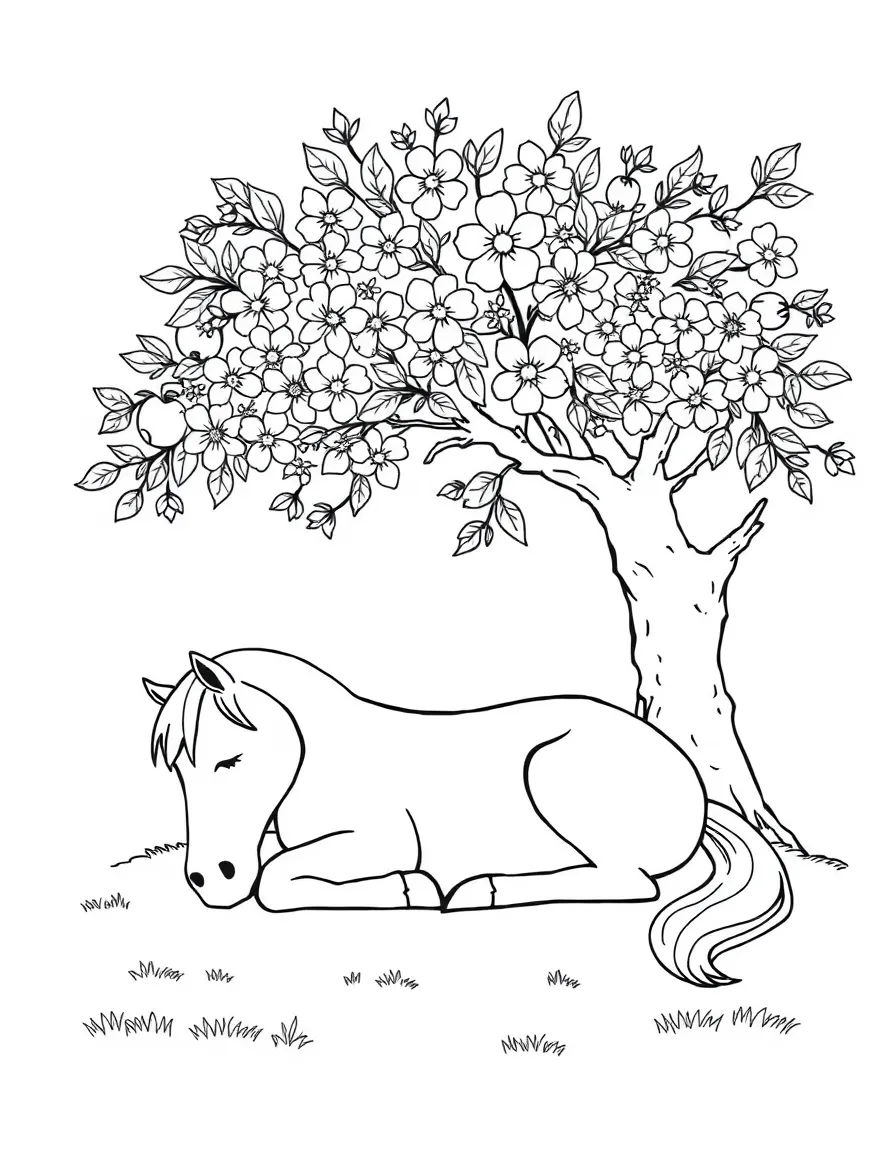 sleepy horse resting under flowering apple tree coloring page