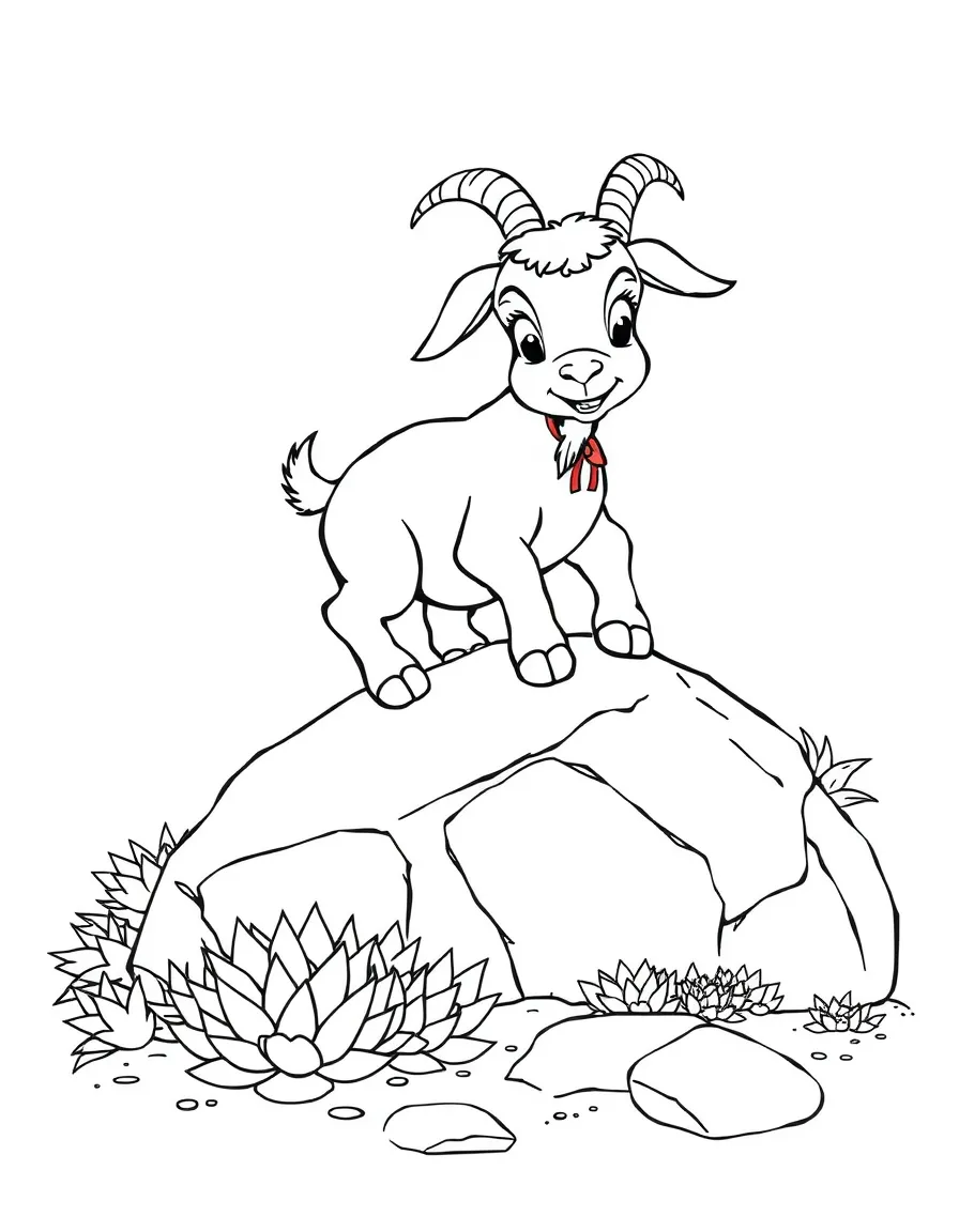 playful goat kid climbing over rock garden with sedums coloring page