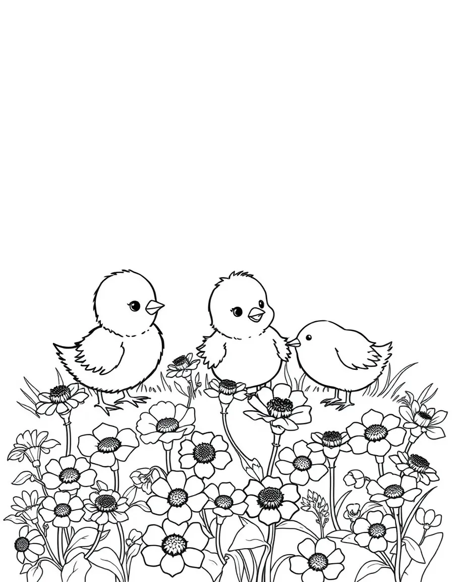 adorable chick family exploring garden of nasturtiums coloring page