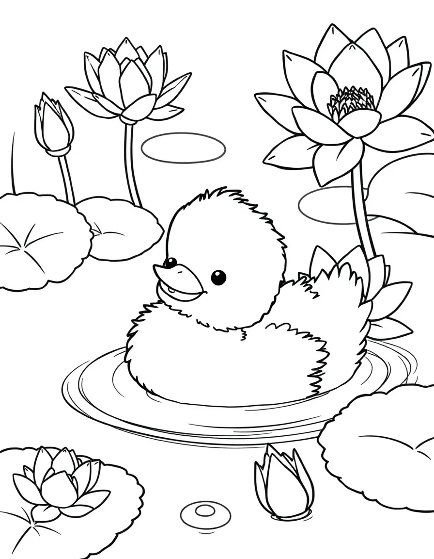 fluffy duckling swimming in pond with lotus flowers coloring page