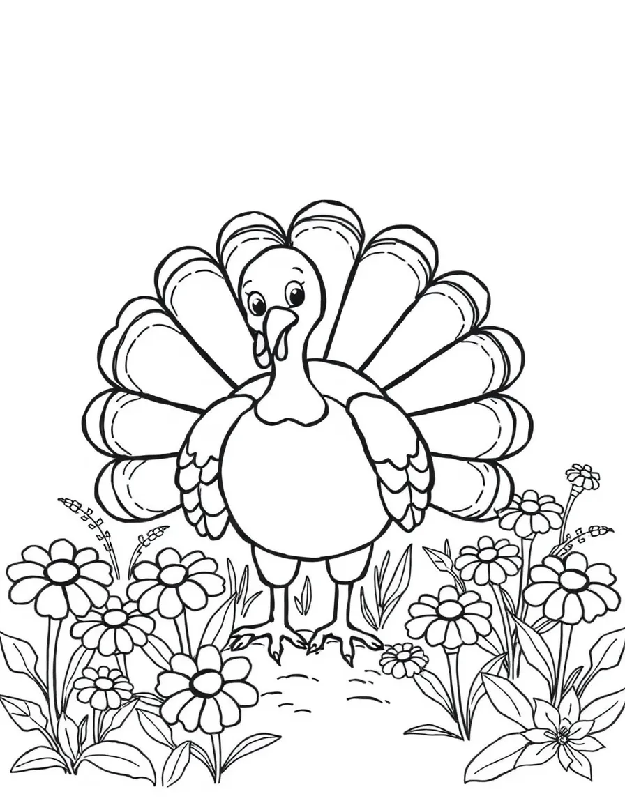 cute turkey displaying tail feathers among marigolds coloring page