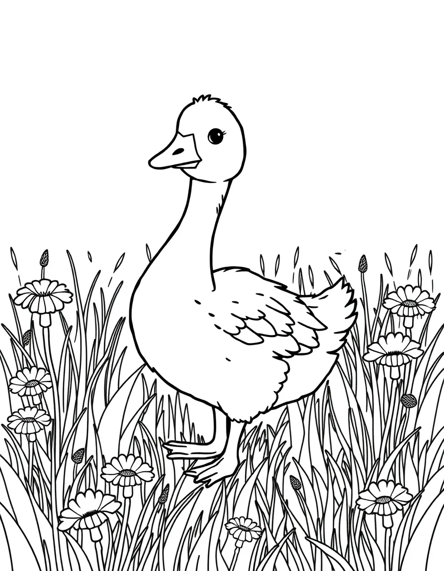 baby goose waddling through field of dandelions coloring page