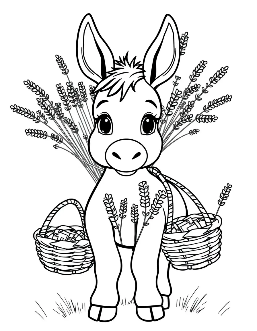 adorable donkey carrying baskets of lavender coloring page