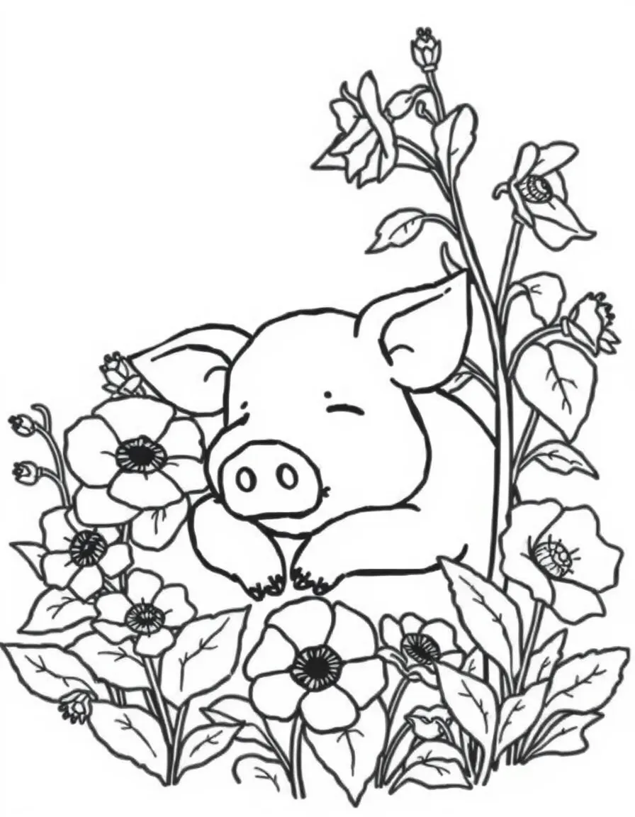 sleepy pig napping in shade of hollyhock flowers coloring page