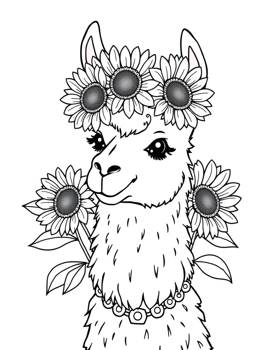 playful llama wearing crown of sunflowers coloring page