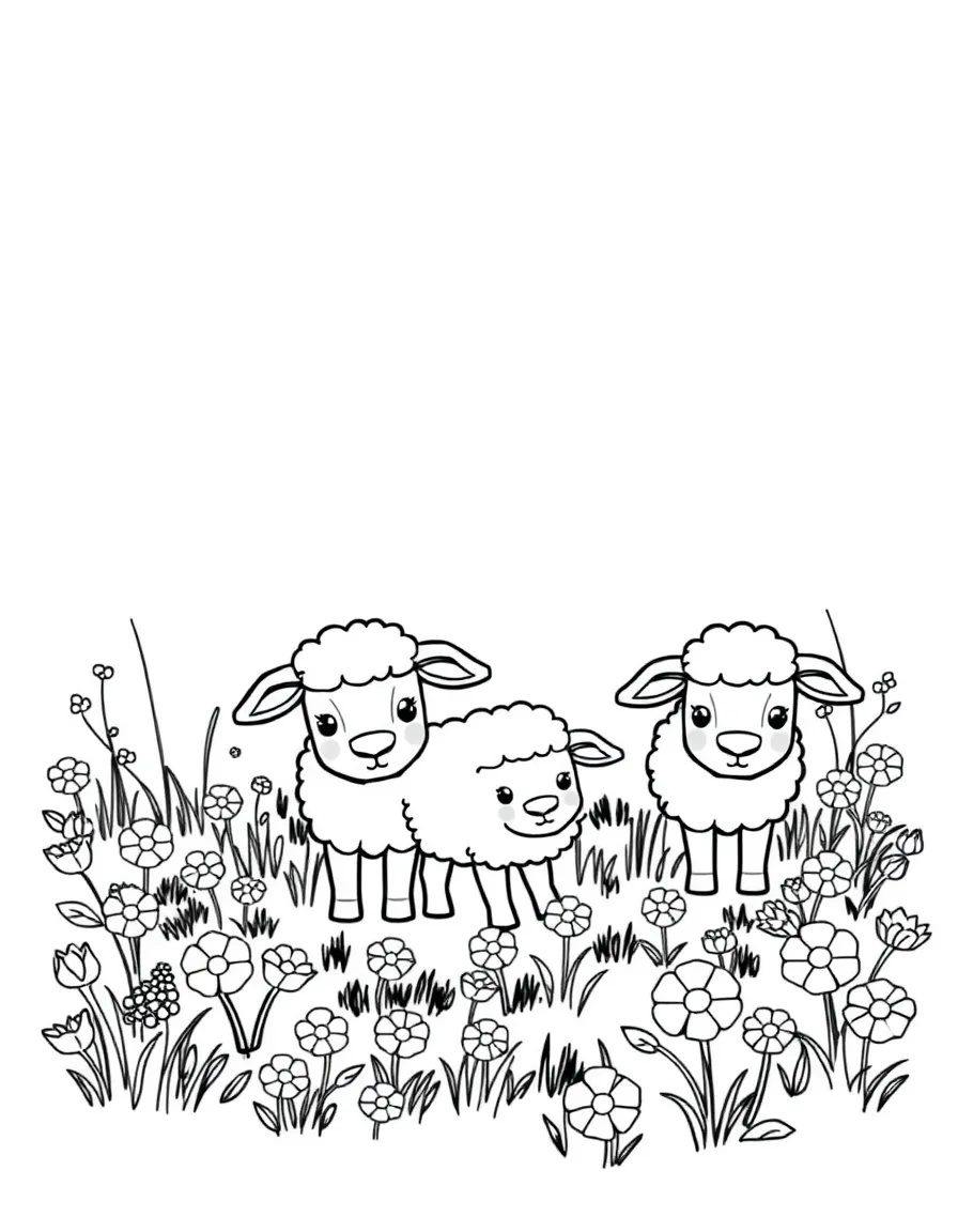 cute sheep family grazing in clover and buttercup meadow coloring page