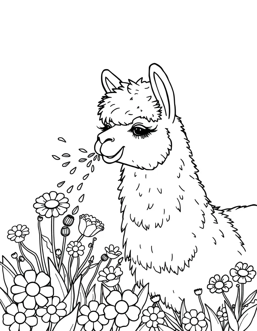 fluffy alpaca spitting seeds into flower garden coloring page