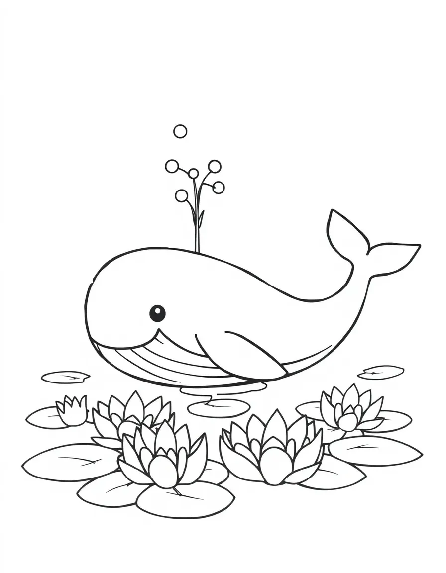 cute whale spouting water over floating water lilies coloring page