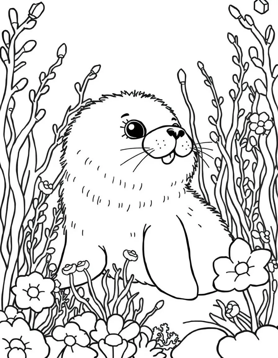 fluffy seal pup playing in kelp forest with sea flowers coloring page