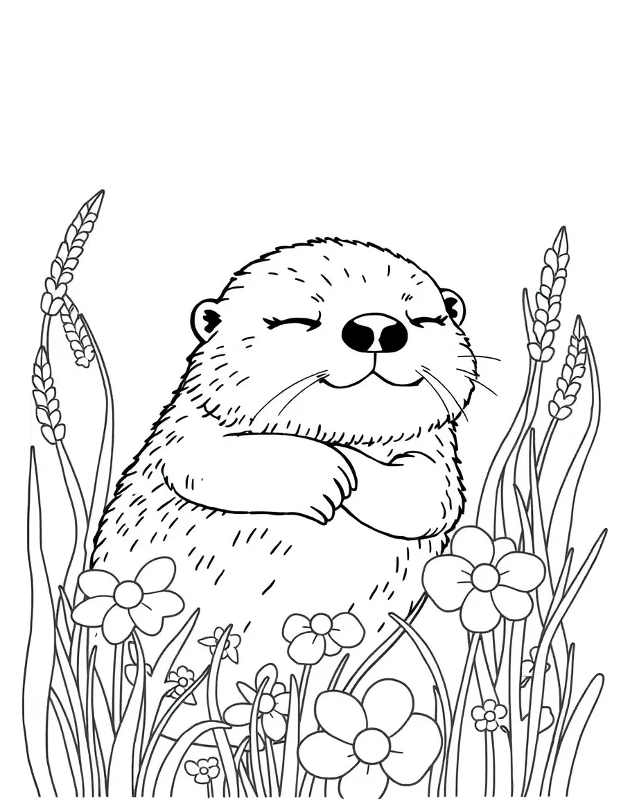 sleepy sea otter floating among sea grass blooms coloring page