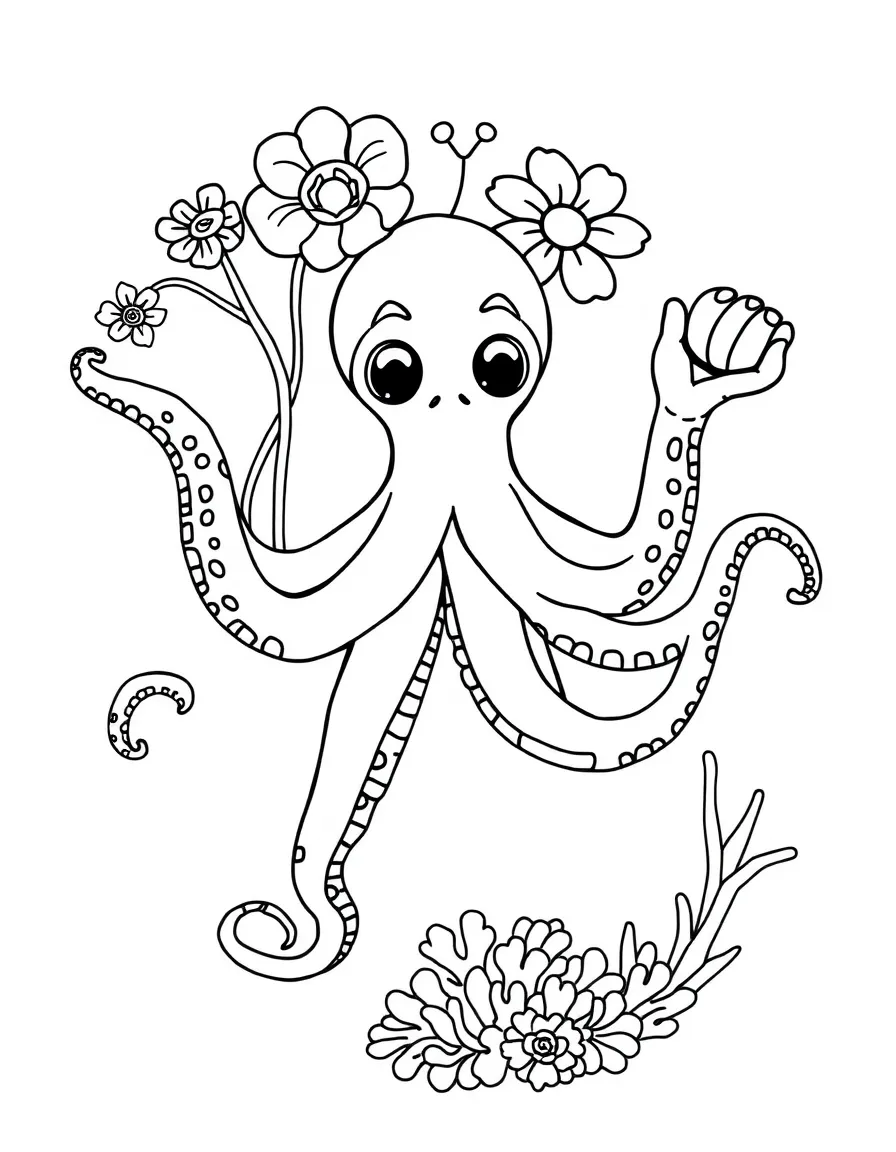playful octopus juggling colorful coral flowers coloring page