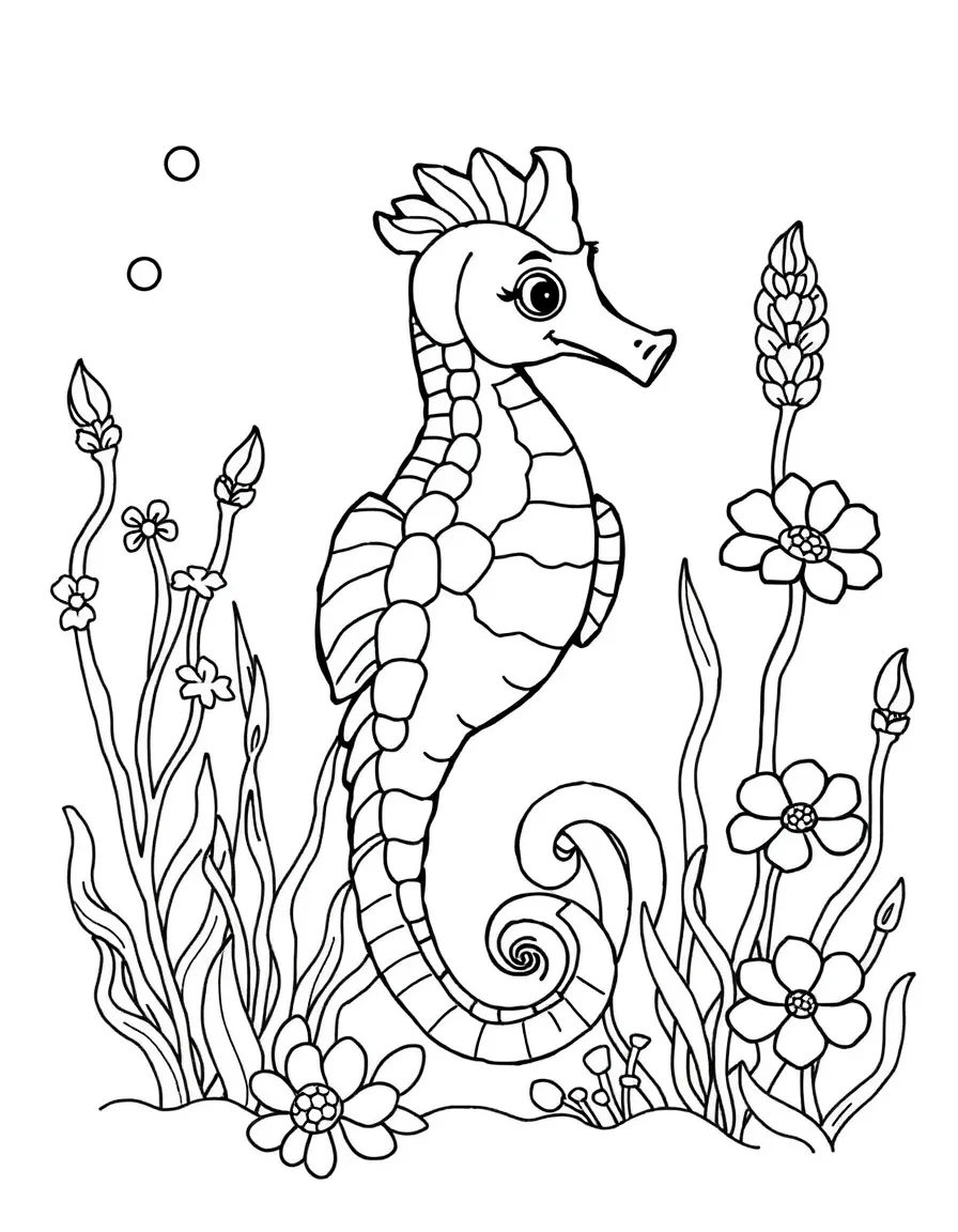 adorable seahorse dancing around underwater flowering plants coloring page