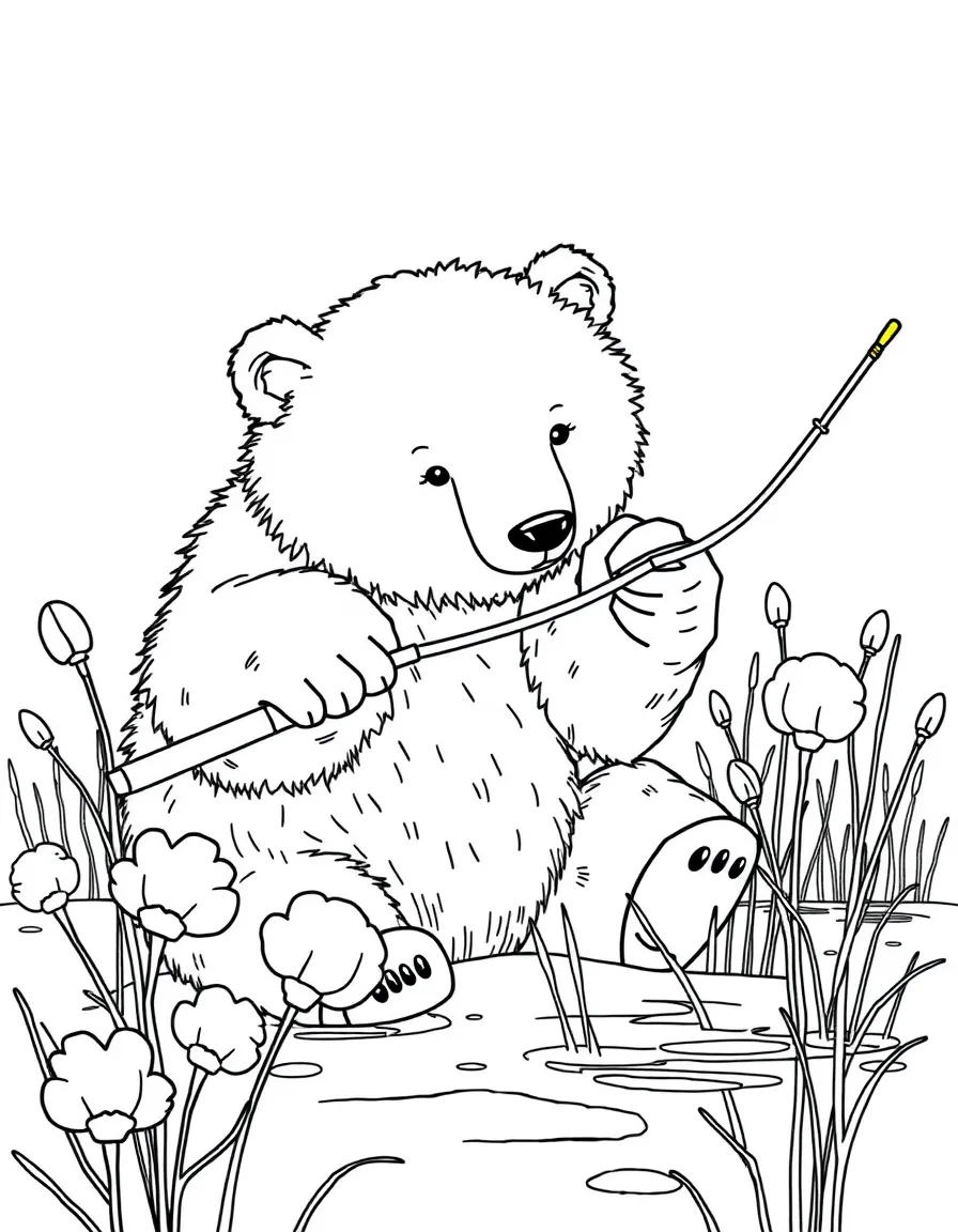 fluffy polar bear fishing near arctic cotton grass coloring page