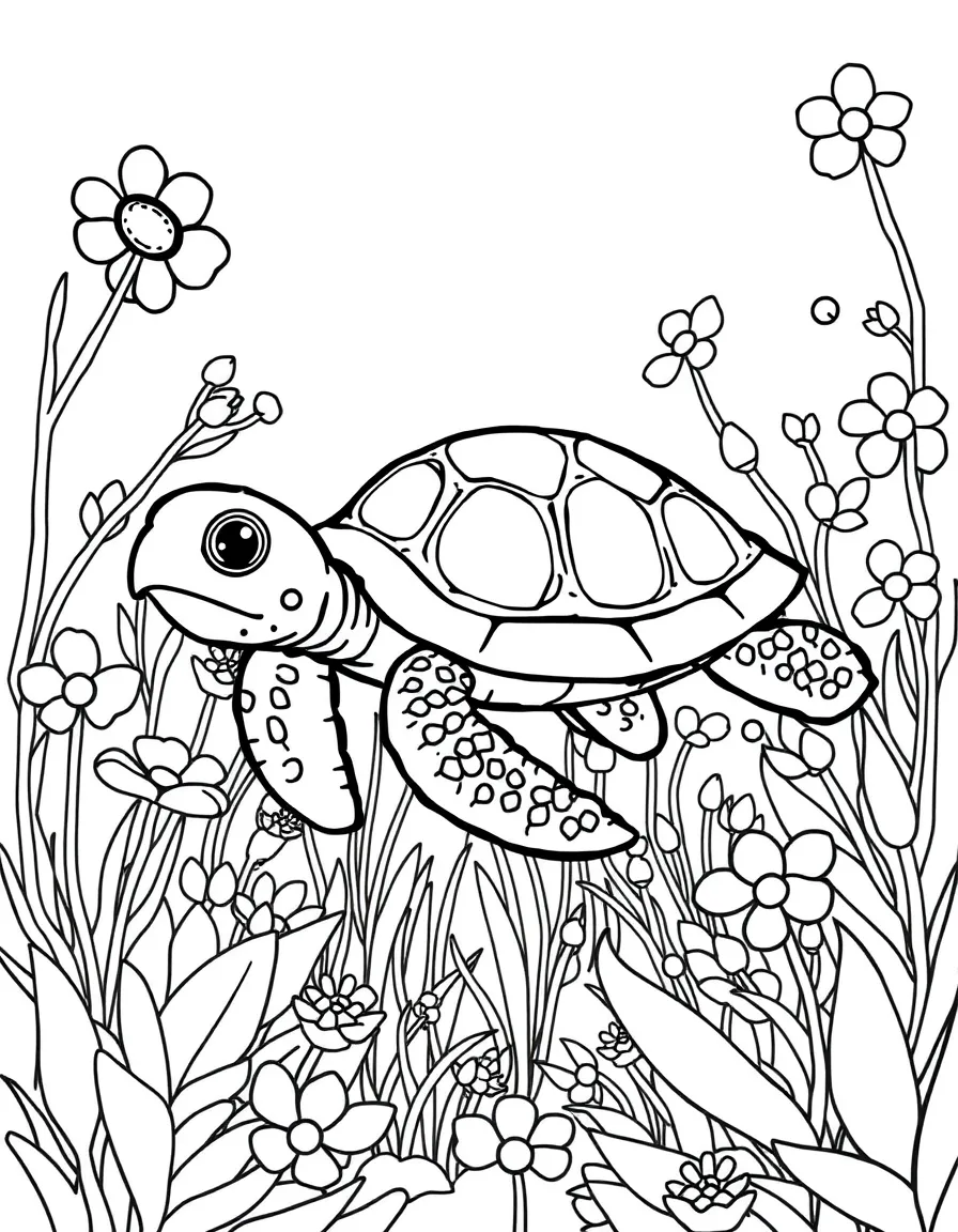 cartoon turtle swimming through underwater flower meadow coloring page